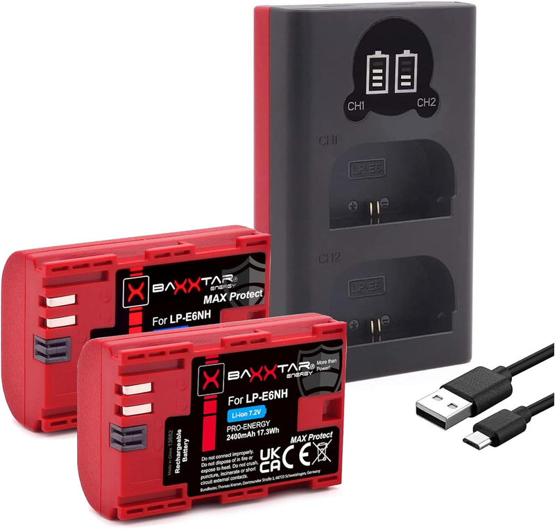 Baxxtar MaxProtect LP-E6NH 2400mAh Akku 2X mit aktivem NTC Sensor und V1 Schutzgehäuse, auch kompati