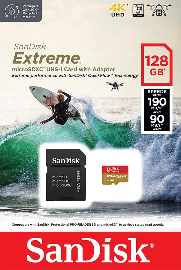 SanDisk Extreme microSDXC UHS-I Speicherkarte 128 GB für Actioncams und Drohnen + Adapter + RescuePR