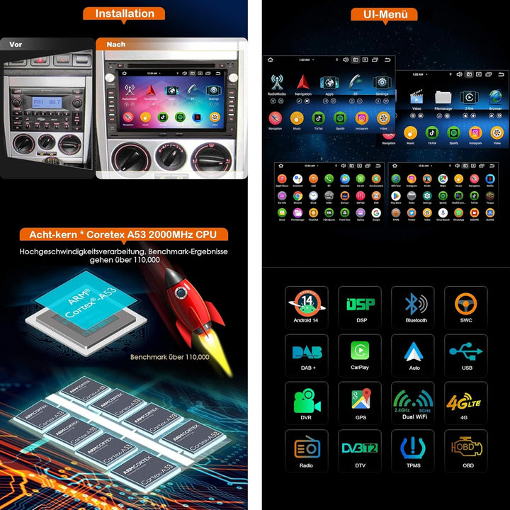Erisin Android 14 8 Kern 4GB+64GB 2din DAB+ Autoradio Für VW Passat B5 Golf 4 Sharan Polo T4/T5 Jett