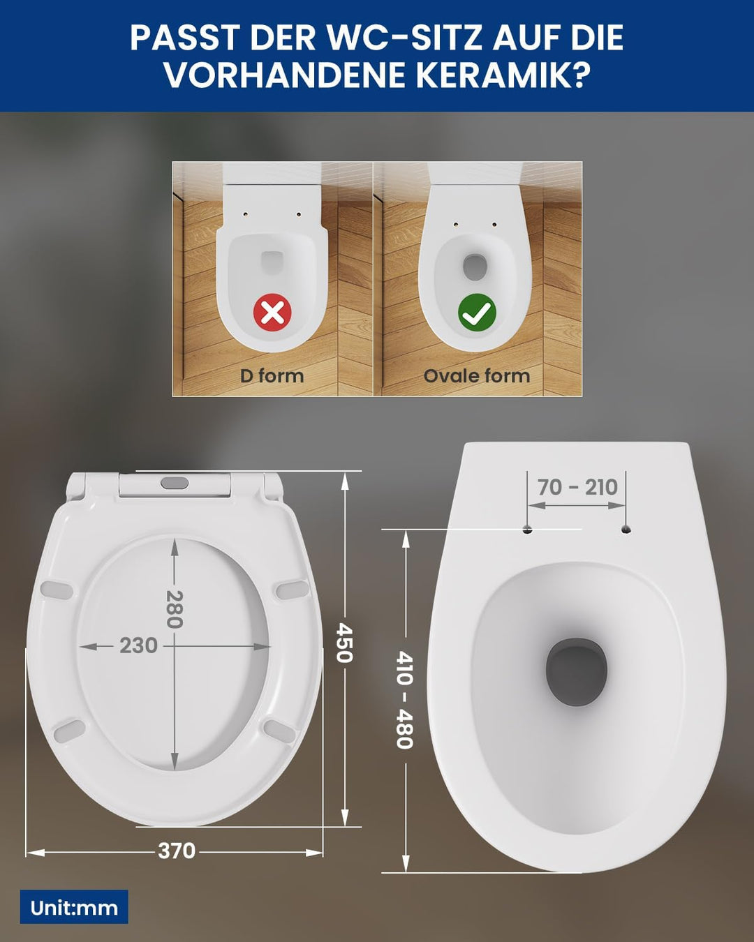 CECIPA Toilettendeckel mit Absenkautomatik, Oval Klodeckel, Duroplast-Toilettensitz inkl. Installati