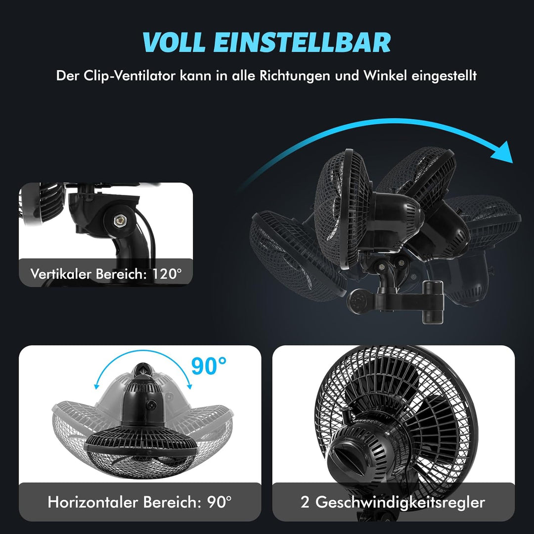 Grow Ventilator mit Clip 20W, Oszillierender Wachsen Growzelt Clip Lüfter, 2 Geschwindigkeiten, Grow