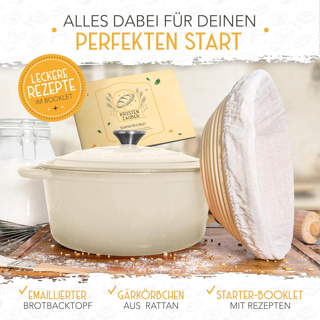 KRUSTENZAUBER Gusseisen Topf Brot backen emailliert inkl. Gärkorb - 26cm Emaille-Topf samt Zubehör -