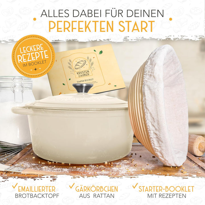 KRUSTENZAUBER Gusseisen Topf Brot backen emailliert inkl. Gärkorb - 26cm Emaille-Topf samt Zubehör -
