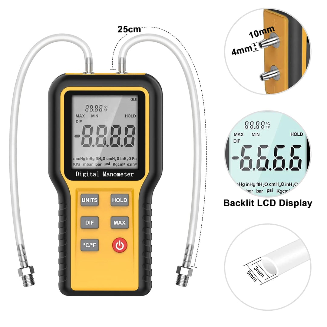 BTMETER Manometer Gas Air Pressure Meter, Dual Port Manometro Pressure Differential Gauge, for HVAC