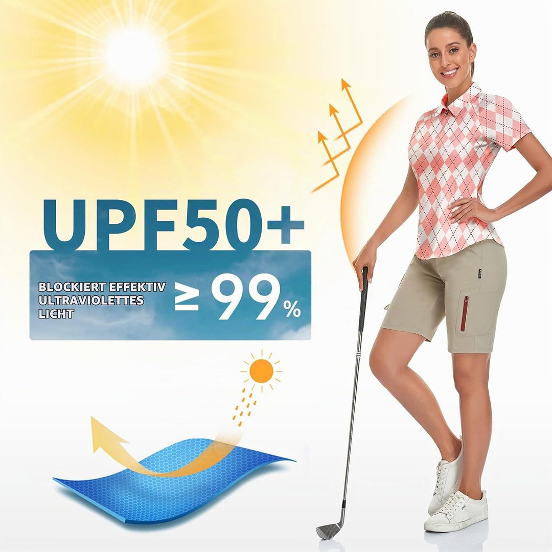 Soneven Atmungsaktiv Poloshirt Damen Leichtes Sportshirt Tailliert Karierte Bluse UPF 50+ Kurzarm 1/