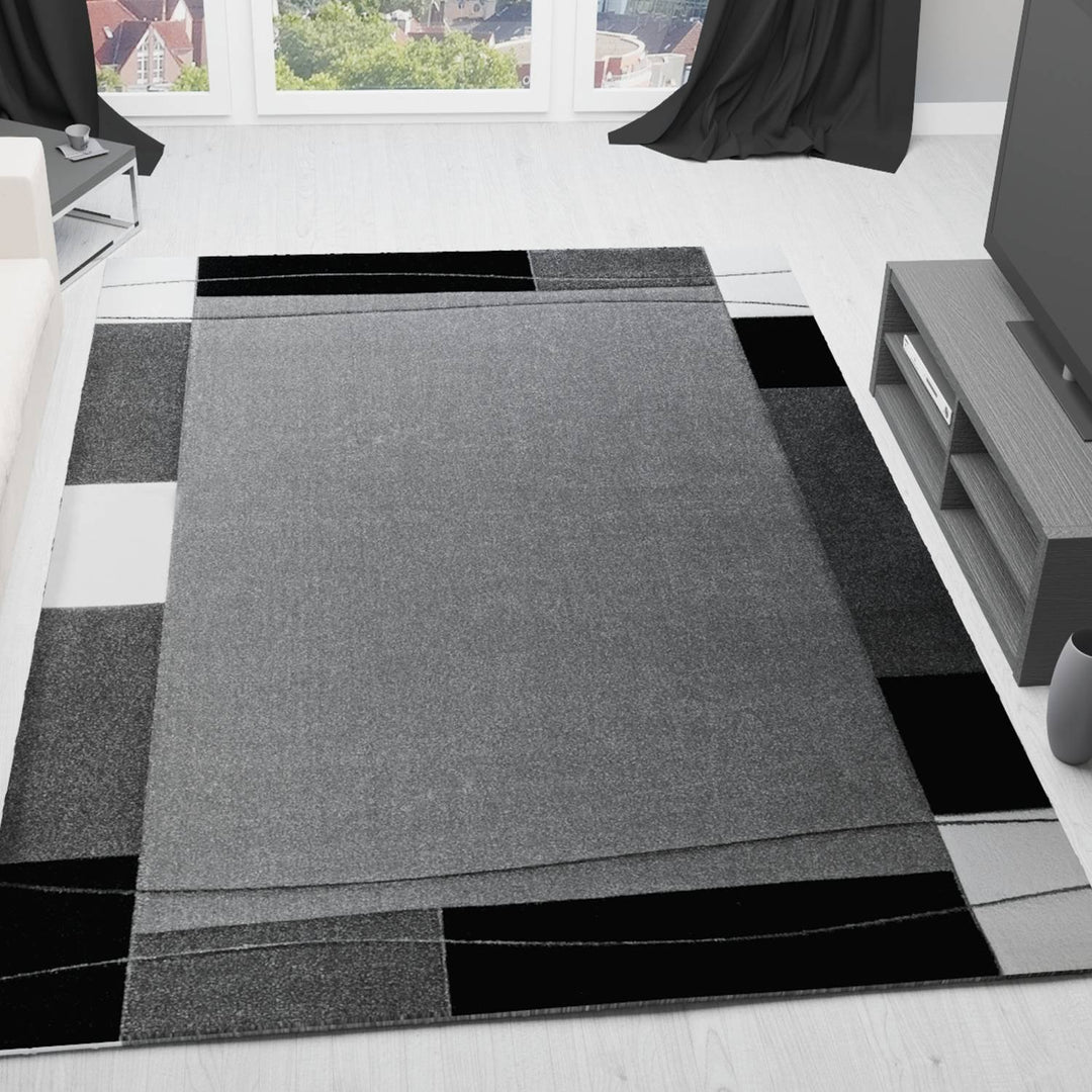 VIMODA Teppich Modern Klassiker Kurzflor dicht gewebt mit Bordürenmotiv grau weiss schwarz und Kontu