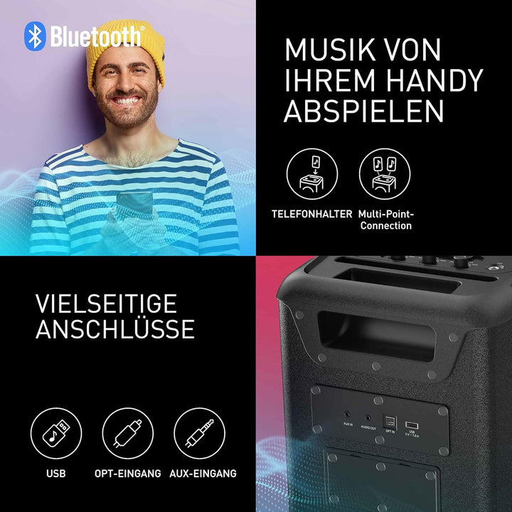 Panasonic SC-BMAX10E-K Tragbarer Party-Lautsprecher mit Bluetooth, integrierter Beleuchtung, 150 W,