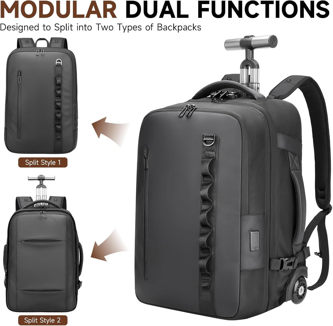 2-in-1-Reiserucksack mit Rollen, 50L Rucksack Trolley mit 17,3" Laptopfach- Handgepäck mit USB-C-Ans