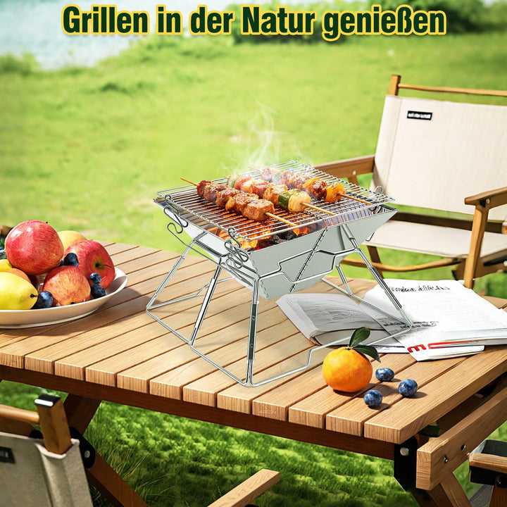 Mini Campinggrill Klappbar 31x31cm Holzkohlegrill Edelstahl Tragbarer Grill mit Tragetasche, Kleiner