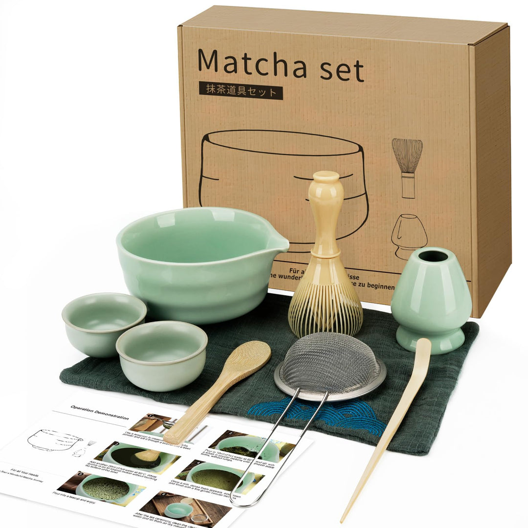 Zingbee Matcha Set 9-teilig – Keramik Schale mit Ausgiesser &amp; Matcha Besen | Matcha set grün:inklusi