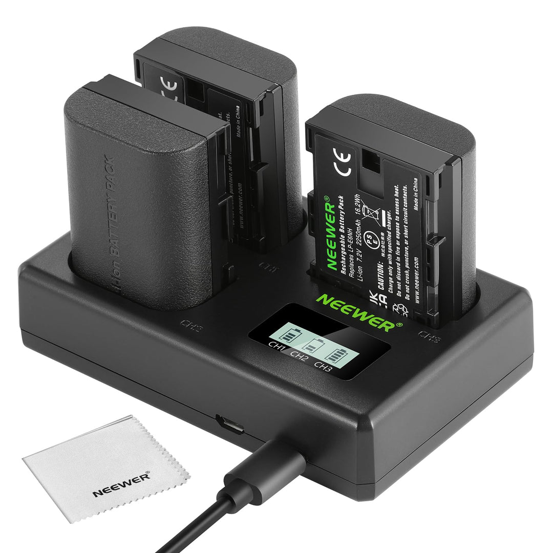 NEEWER LP-E6NH Ersatz Akku und USB Ladegerät Set, 3er Pack 2250mAh Ersatz für LP-E6NH Akku &amp; Triple