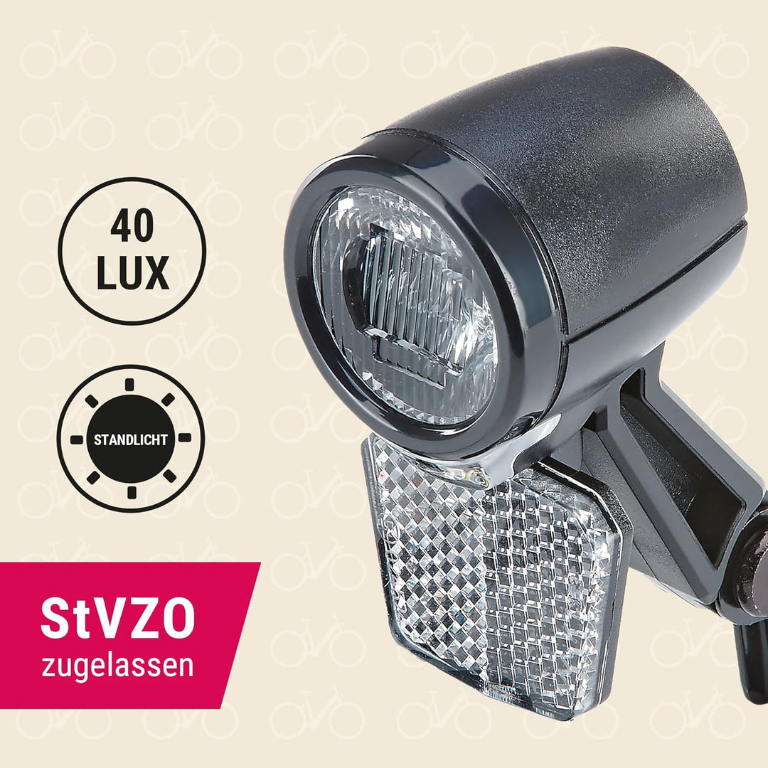 Prophete LED-Scheinwerfer 40 Lux für Fahrräder und E-Bikes, StVZO zugelassen mit Standlicht und inte