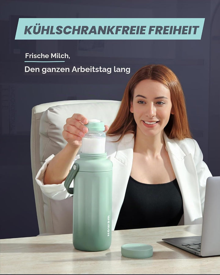 Muttermilch-Kühlflasche – 24 h Doppelwand-Kühlung, TSA-zugelassen, mit 2 auslaufsicheren Flaschen &