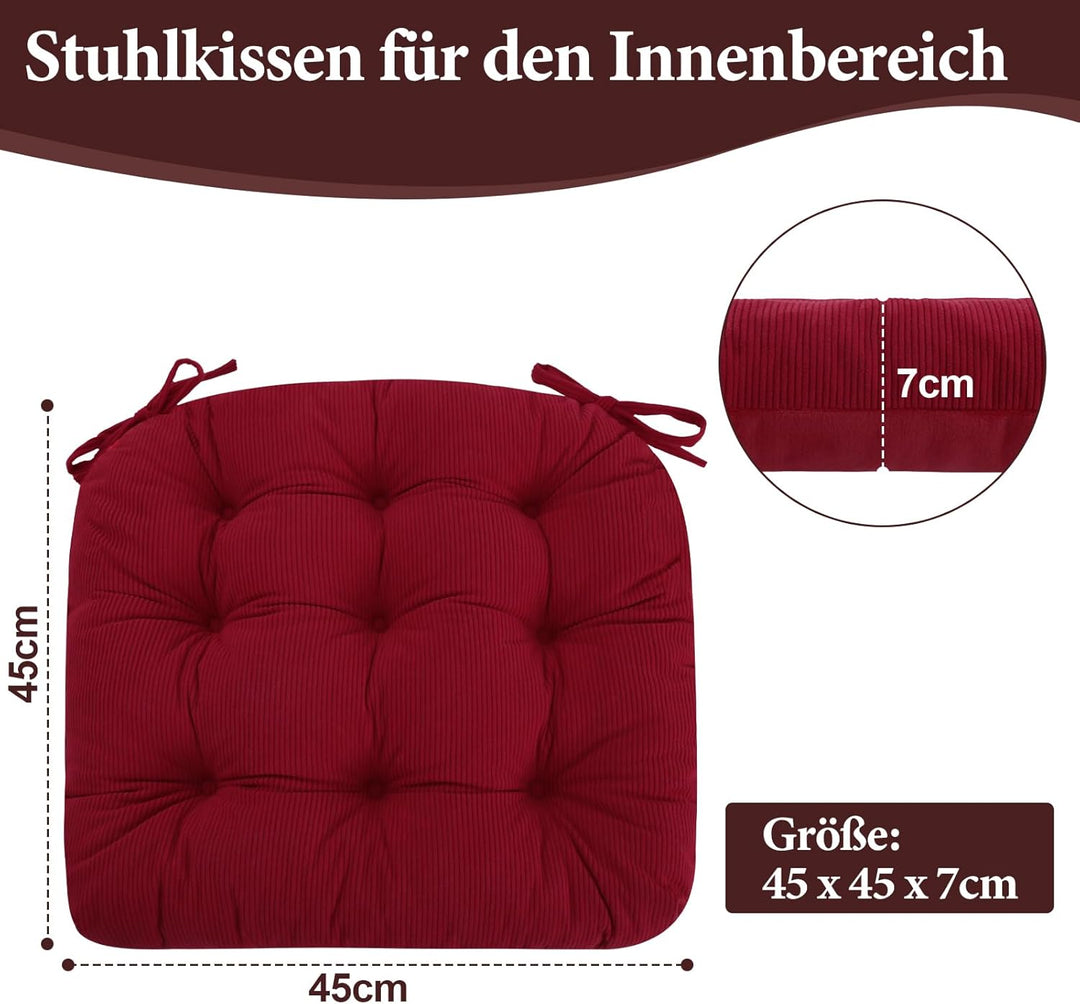 2er Set Stuhlkissen, 45x45x7 cm, Rot – Bequeme Sitzkissen aus Cordstoff und Kristallsamt mit Bindebä