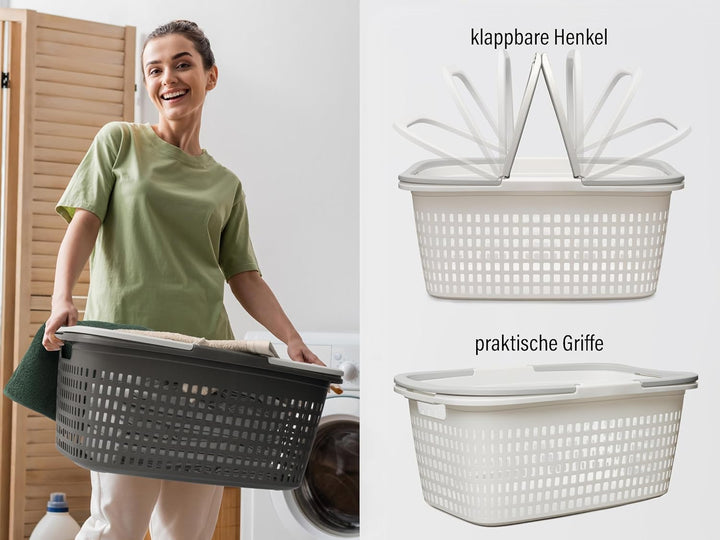 Hausfelder Wäschekorb 6er Set weiss 35L, 58x37x25cm | stapelbar, Wäschekörbe Set gross 58x37x25cm, s
