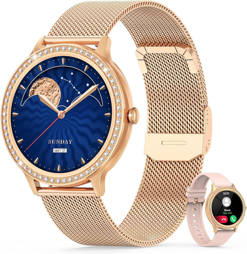 Nendefin Smartwatch Damen mit Telefonfunktion，Smart Watch mit Diamanten Armband，Sprachassistent Fitn