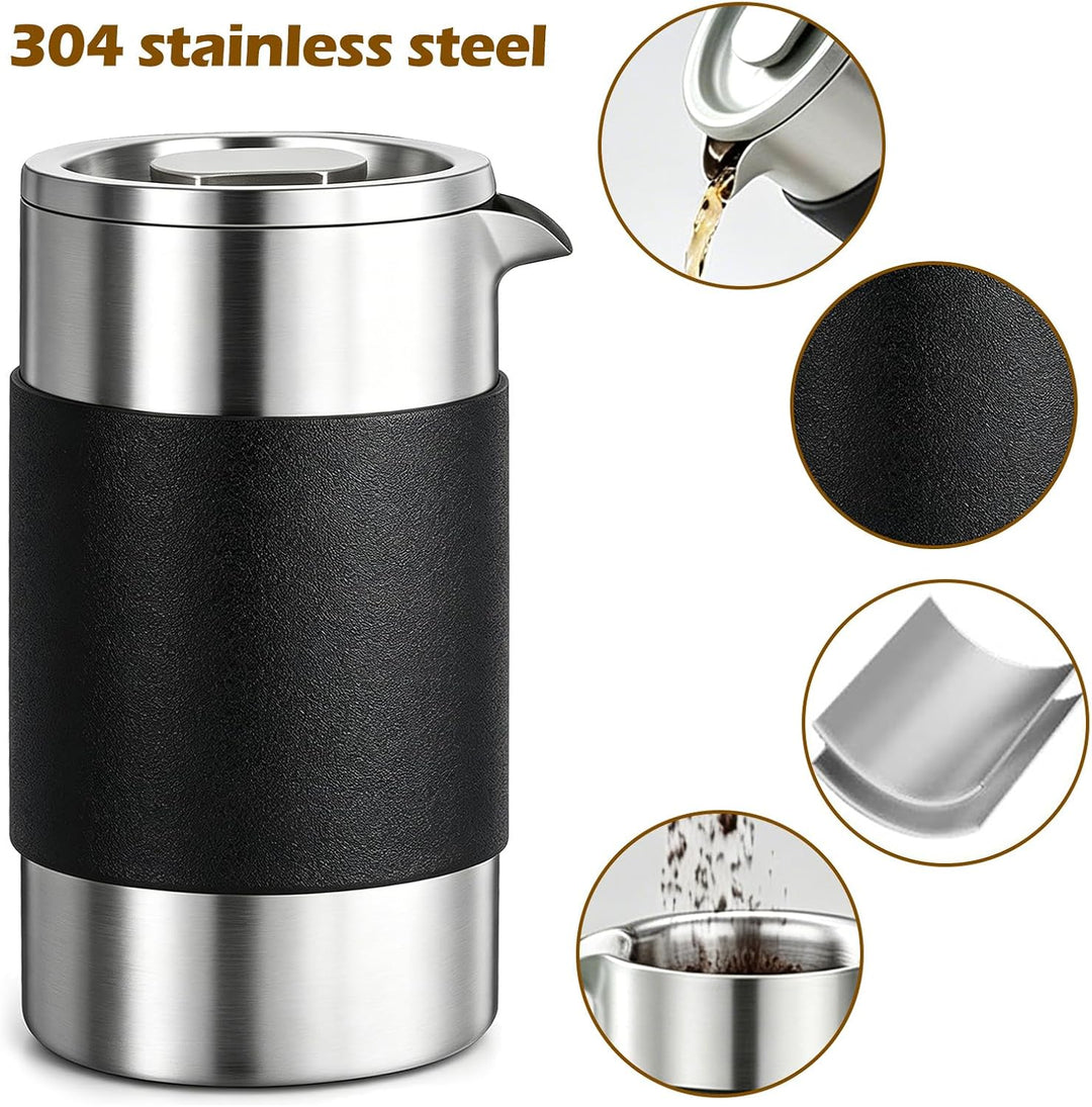 BORDEAG French Press Edelstahl, 304 Edelstahl Kaffeepresse doppelwandig isoliert, Travel Press Kaffe