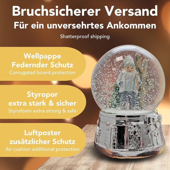 Schneekugel Weihnachten Spieluhr | Wichtel grau weiss im Winterwald | Sockel Silber | Höhe: 140mm, B