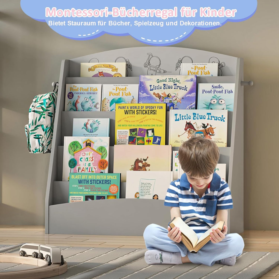 KEEPREAPER Kinder Bücherregal mit 5 offenen Fächern und Haken, Kinderregal Holz, Montessori Aufbewah
