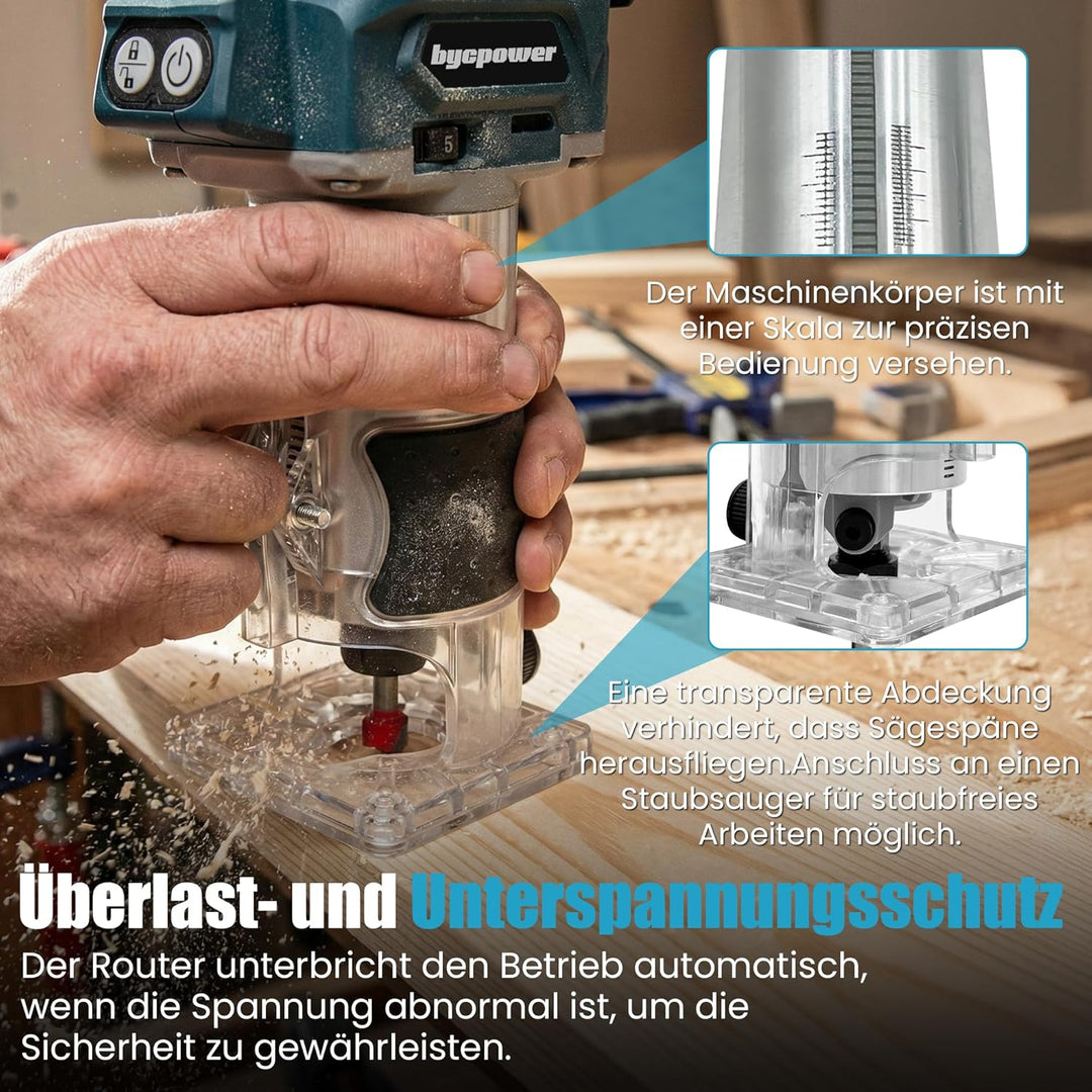 Akku Oberfräse für Bosch 18V Akku, 30000 RPM Bürstenloser Motor, 5-Stufen Kantenfräse, Kabellose Hol