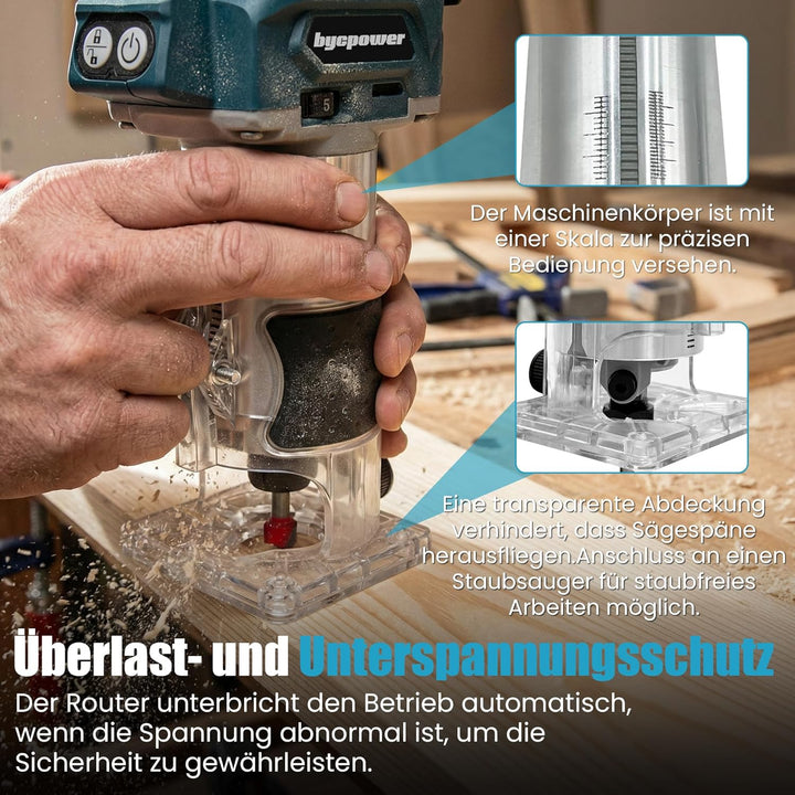 Akku Oberfräse für Bosch 18V Akku, 30000 RPM Bürstenloser Motor, 5-Stufen Kantenfräse, Kabellose Hol