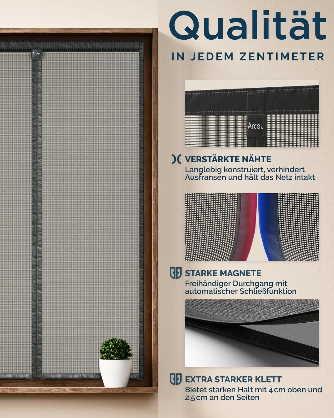 ARCOL Fliegengitter Fenster mit Magnet 155x160h cm Zuschneidbar - Moskitonetz mit Klettverschluss -