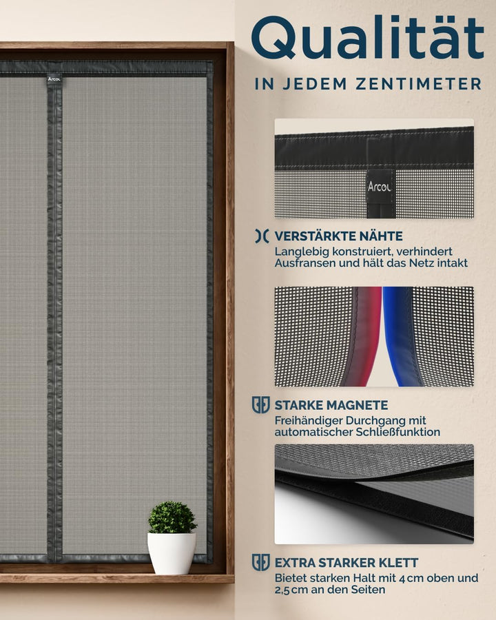 ARCOL Fliegengitter Fenster mit Magnet 155x160h cm Zuschneidbar - Moskitonetz mit Klettverschluss -