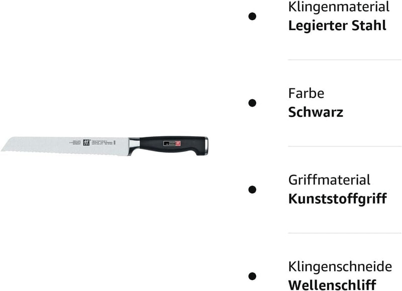 ZWILLING Twin Four Star ll Brotmesser, Klingenlänge 20 cm, Ergonomischer Kunststoffgriff, Schwarz TW