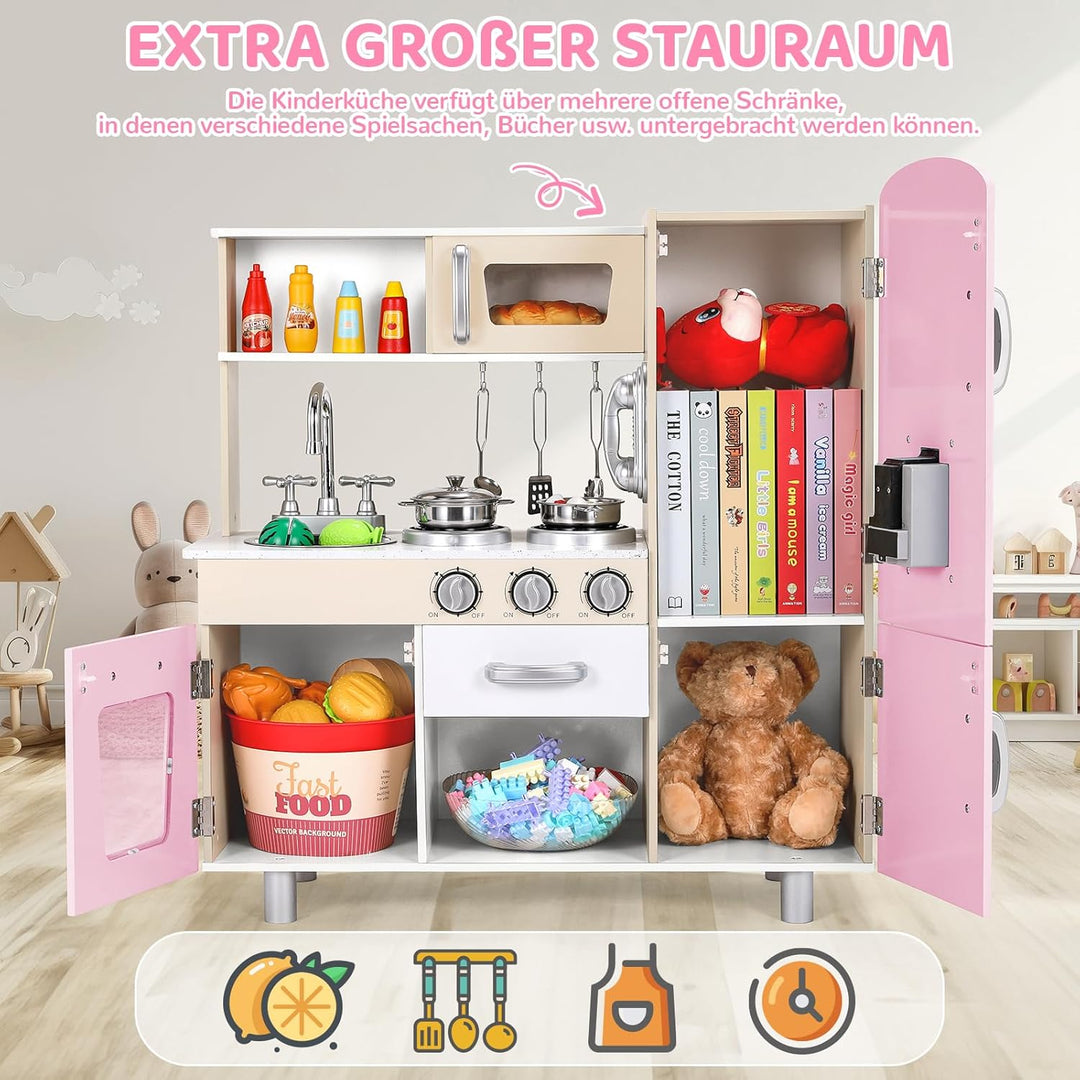 MAMIZO Kinderküche mit Licht und Sound, Puppenküche Holz, kinderküchen mit Herd, Eismaschine, Telefo