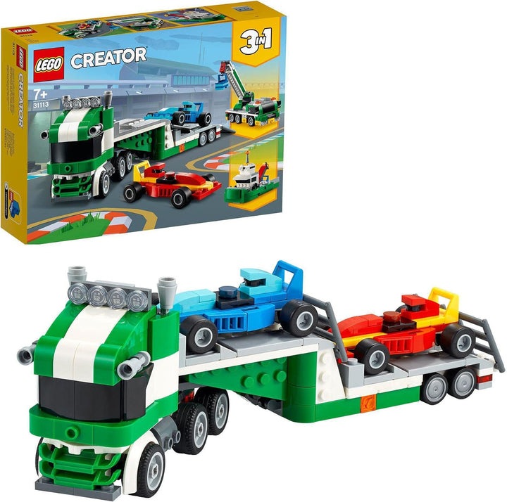 LEGO 31113 Creator 3-In-1 Rennwagentransporter Spielzeug LKW mit Anhänger, Kran und Boot, Rennwagen