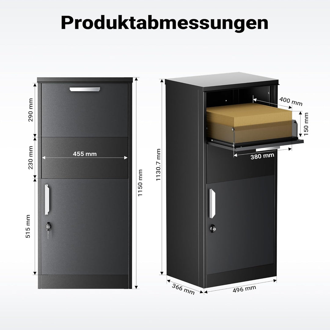 XPOtool Paketkasten Schwarz 500 x 375 x 1150 mm, Paketbox Zuhause, Private Paketannahme passend für