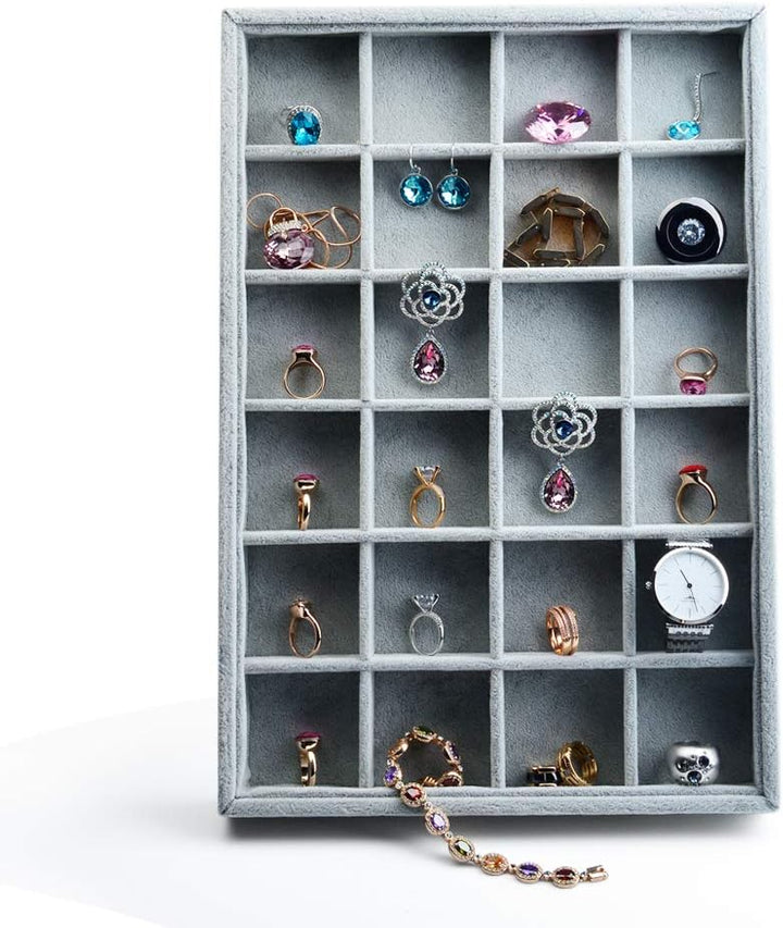 Oirlv Grau Samt 24 Gitter Schmucktablett,Schmuckaufbewahrung Schublade Schmuck Organizer Tablett Rin