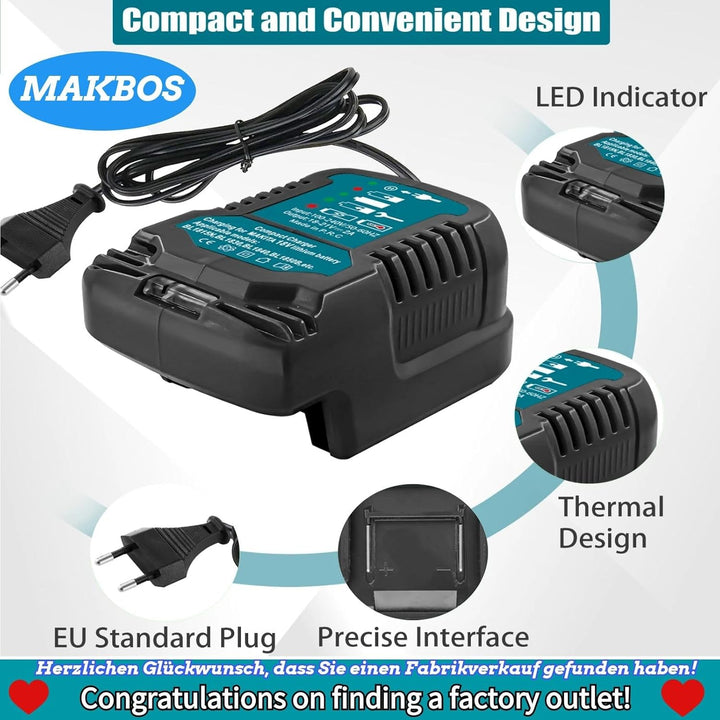 MAKBOS Ladegerät Kompatibel mit Makita 18V Akku BL1850B BL1860 BL1830 BL1815,Ersatz DC18RC 18V Schne