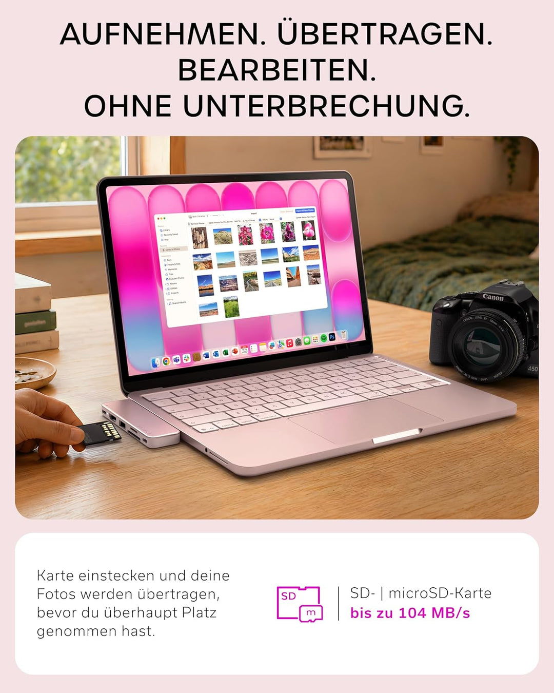SATECHI USB-C Snap Hub 6-in-2 für MacBook Neo, Rosa | PD 45 W, HDMI 4K@60 Hz, Dual-USB-C Anschluss,