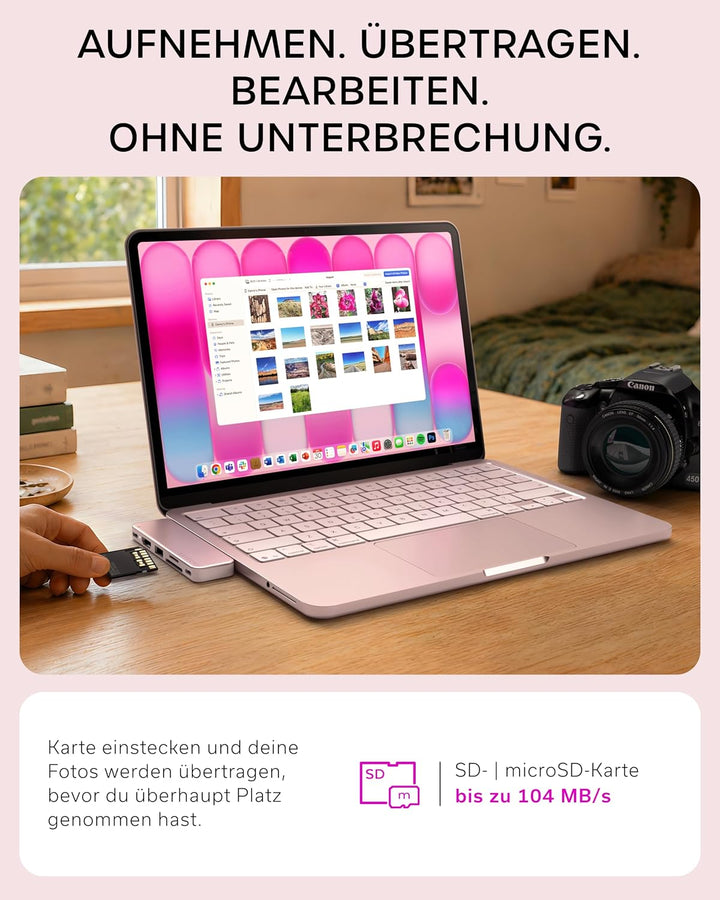 SATECHI USB-C Snap Hub 6-in-2 für MacBook Neo, Rosa | PD 45 W, HDMI 4K@60 Hz, Dual-USB-C Anschluss,