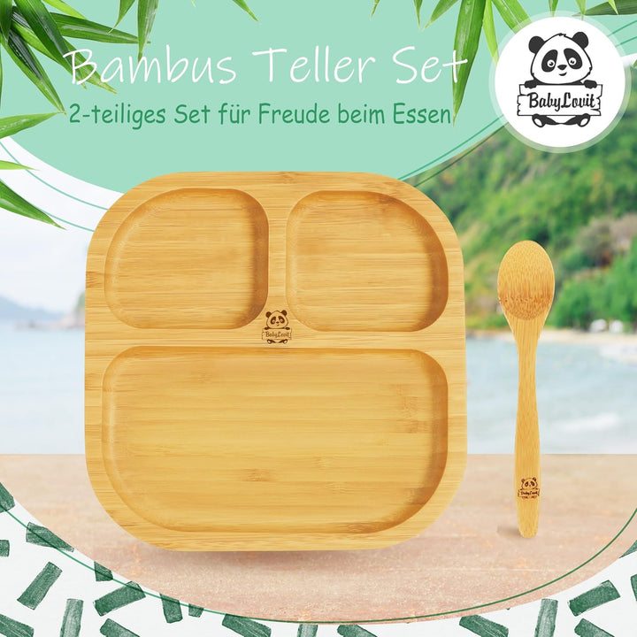 Babylovit Bambus Kinderteller | TÜV Geprüfter Baby Teller mit Saugnapf &amp; Esslernbesteck | BLW Beikos