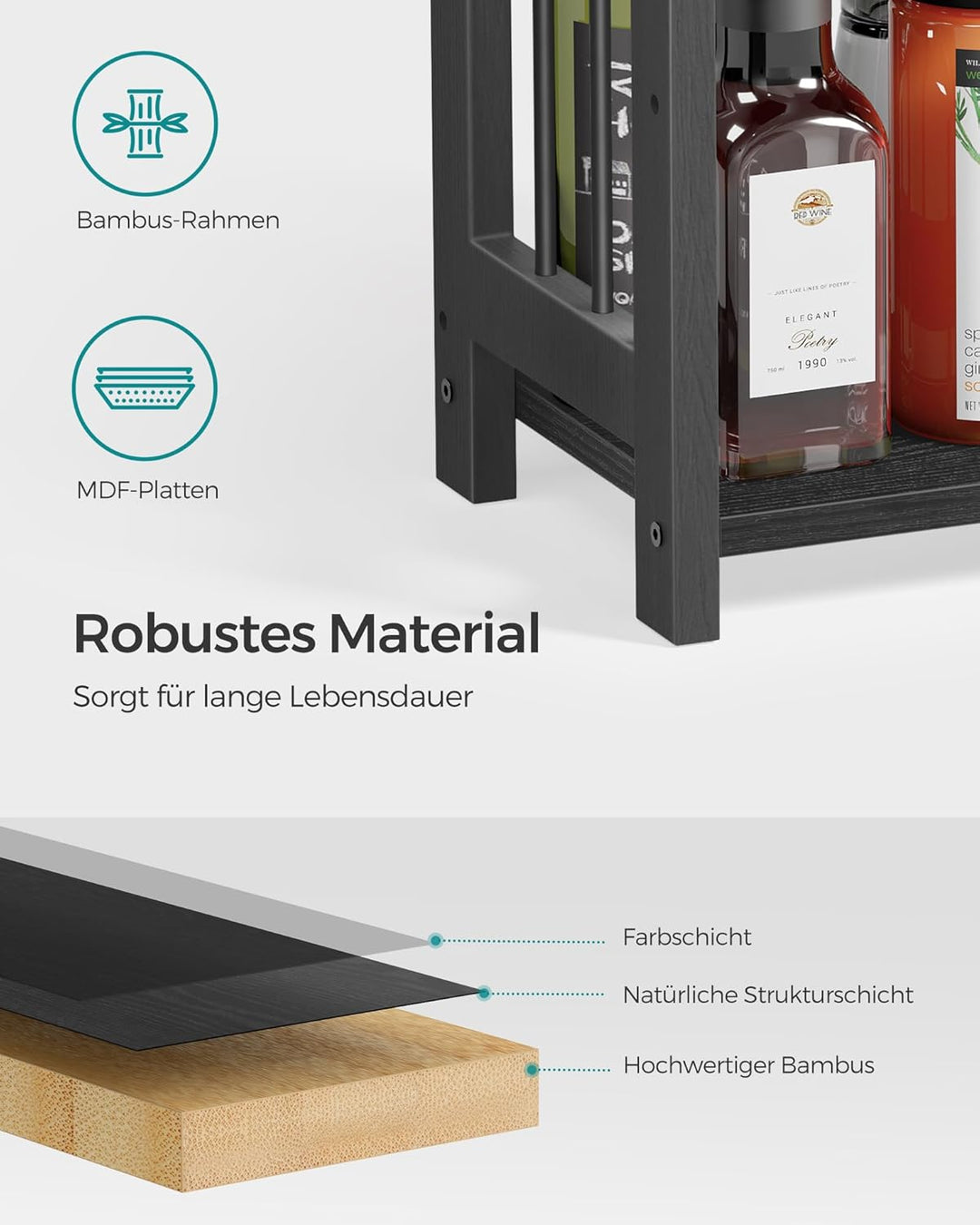 SONGMICS Gewürzregal mit 3 Ebenen, Küchenregal, Aufbewahrungsregal, für Arbeitsplatte, Bambusgestell