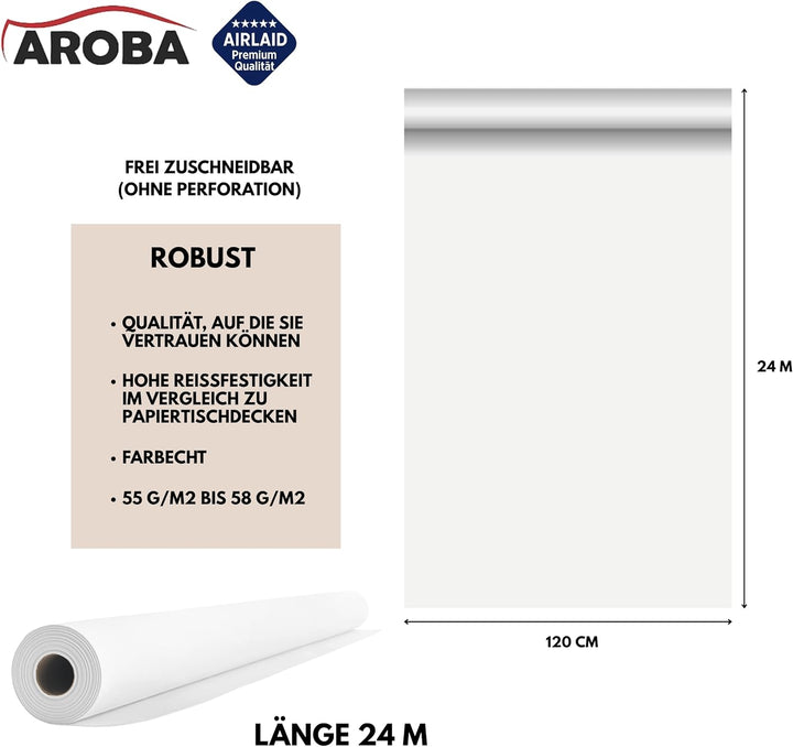AROBA 1x Airlaid Tischdeckenrolle (Weiss, 1,2 m x 24 m) - Stoffähnliche Tischdecke - Hochwertige Tis