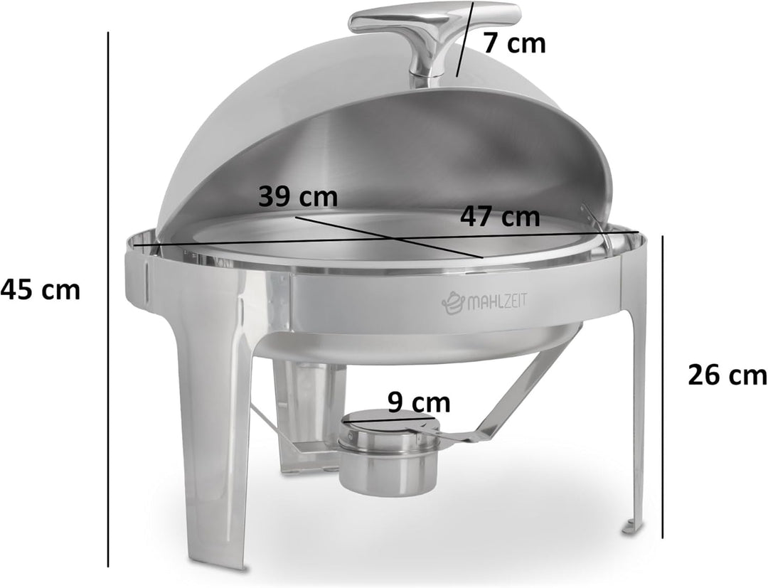 Mahlzeit Edelstahl Chafing Dish mit Rolltop 6 Liter | Speisenwärmer rund, Wärmebehälter, Bain Marie