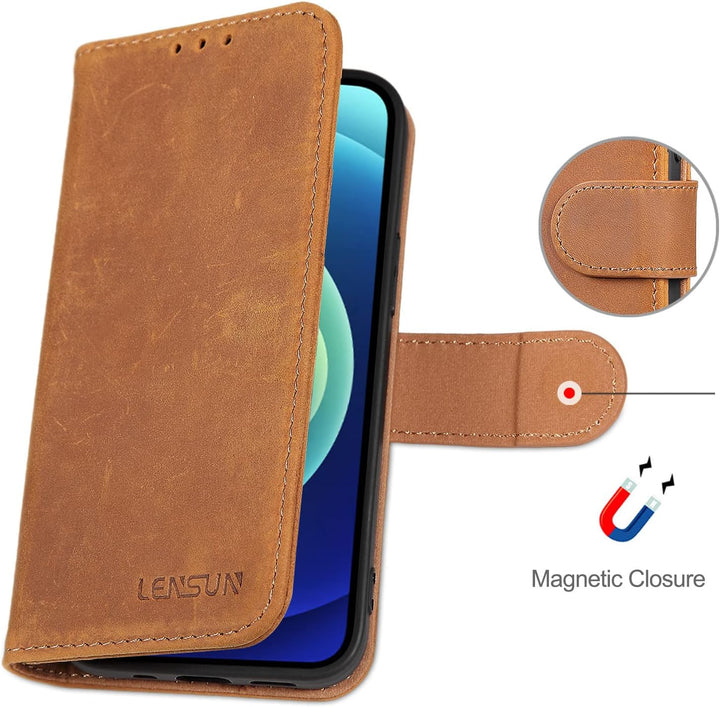 LENSUN Echtleder Hülle für iPhone 12 Mini, Handyhülle [Echtes Leder][Magnetverschluss][RFID Schutz]