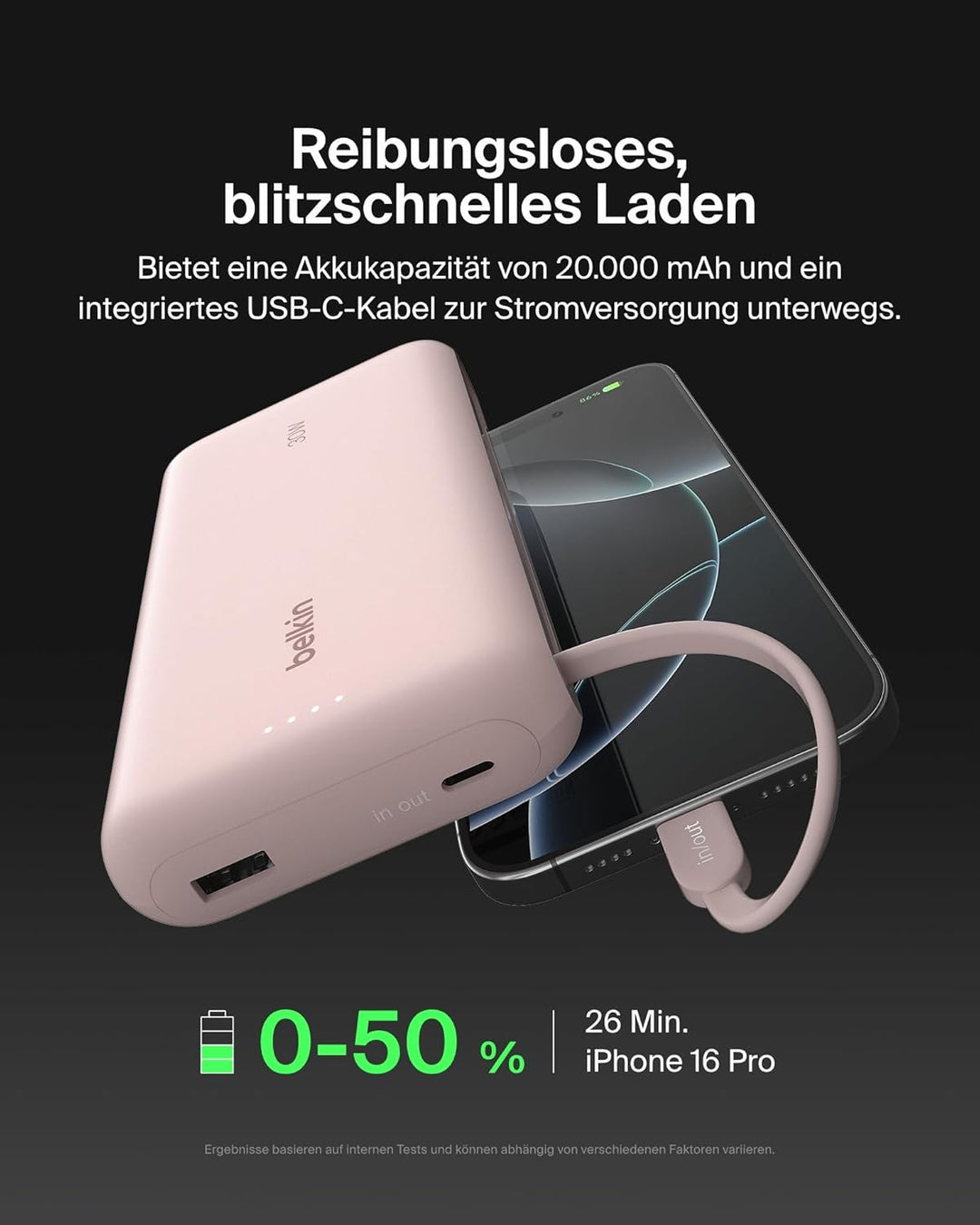 Belkin Portable Powerbank zum Schnellladen mit integriertem Kabel 20K PD 30 W, USB-C Power Delivery,