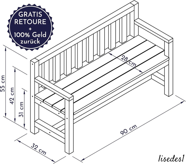 Design Kinder-Gartenbank aus Holz wetterfest mit Textil-Abdeckung und Lehne, 2-Sitzer Kinderbank Hol