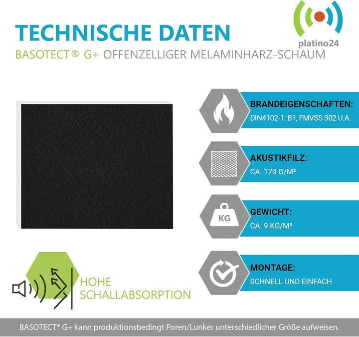 platino24 Schallabsorber COLORE aus Basotec G+ I Akustikpaneele mit Akustikfilz I 4 Wand-Paneele in