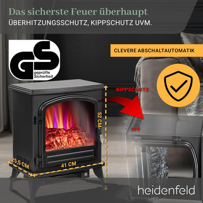 Heidenfeld Elektrokamin EK100 | 𝟯 𝐉𝐀𝐇𝐑𝐄 𝐆𝐀𝐑𝐀𝐍𝐓𝐈𝐄 - 2000 Watt - Energiesparende LEDs - Glasfront - 2