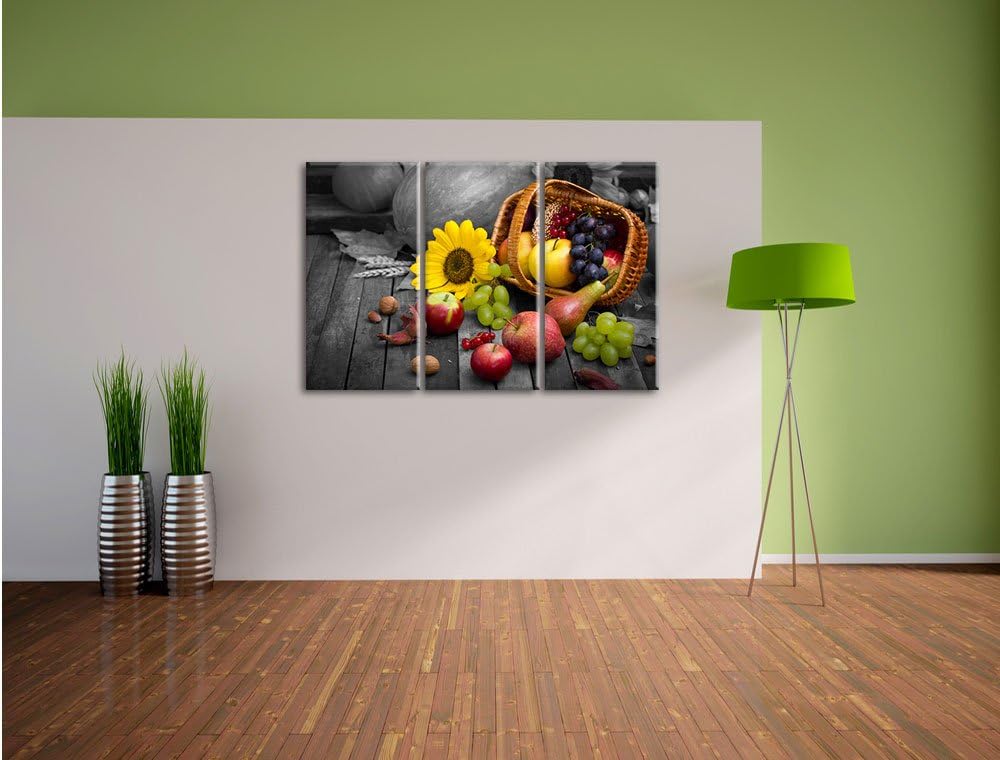 Pixxprint Herbstlicher Obstkorb als Leinwandbild/Grösse: 3 Teilig (120x80 cm) cm/Wandbild/Kunstdruck