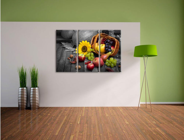 Pixxprint Herbstlicher Obstkorb als Leinwandbild/Grösse: 3 Teilig (120x80 cm) cm/Wandbild/Kunstdruck
