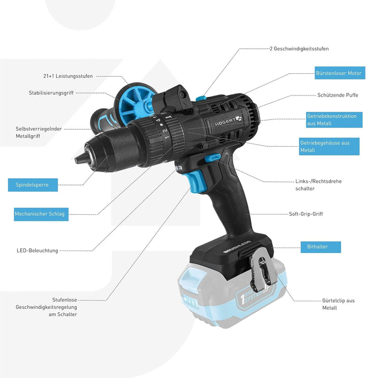 HÖGERT TECHNIK Bürstenloser Akku-Schlagbohrschrauber Set 18V, 80 Nm Drehmoment, 4,0 Ah Akku, 4A Lade