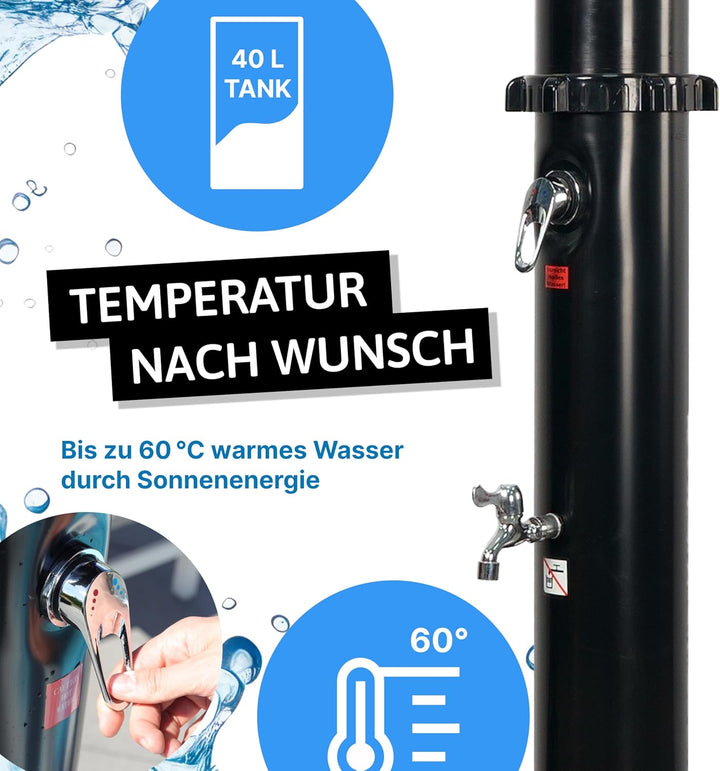 Dönges NovaTerra Solardusche schwarz mit 40L Tank - Gartendusche mit Regenduschkopf, Fussdusche, Sch