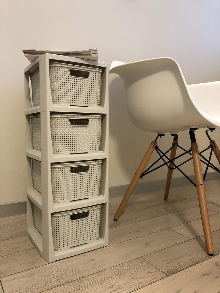 BranQ - Home essential Regal in Rattan Design, Kunststoff PP, Creme, 29,5 x 24 x 64,2 cm 4 Körben Cr