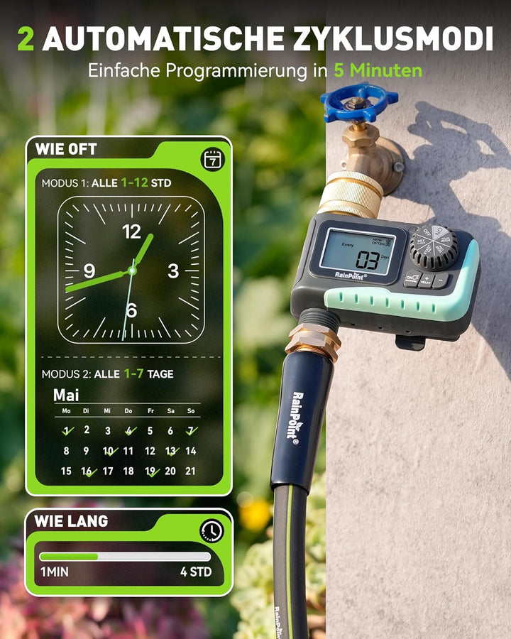 RAINPOINT Bewässerungscomputer mit Messing-Einlass, Aufgerüsteter Wasserzeitschaltuhr mit Regenverzö